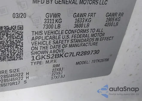 2020 GMC Yukon 4Wd Slt from USA, damaged, VIN 1GKS2BKC7LR289730